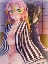 1boy 1girls before_sex bitou_(artist) black_hair blush canon_couple cleavage demon_slayer embarrassed female green_eyes haori iguro_obanai kanroji_mitsuri kimetsu_no_yaiba looking_back male nervous nude_female pink_hair shy smile two_tone_hair wearing_others_clothes