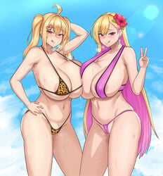 2girls :p ahoge alternate_costume animal_print areola_slip areolae arm_behind_head bangs bikini blonde_hair blue_sky boryeon_(hawaiian_bikini)_(last_origin) boryeon_(last_origin) breast_press breasts breath colored_inner_hair crossover day eyebrows_visible_through_hair gyaru hair_between_eyes haks hand_on_hip highres huge_breasts large_breasts last_origin leopard_print light-skinned_female light_skin long_hair micro_bikini mole mole_on_breast multicolored_hair multiple_girls navel official_alternate_costume original pink_bikini pink_hair purple_bikini purple_bikini_bottom purple_bikini_top purple_eyes red_eyes revealing_clothes saaya_(kirome) skindentation sky sling_bikini standing strap_gap sweat sweatdrop swimsuit symmetrical_docking tongue tongue_out twintails two-tone_hair v very_long_hair virtual_youtuber water_drop wet zb_(xucz8527)