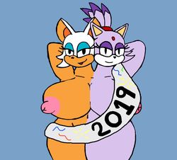 anthro blaze_the_cat breasts chiropteran conjoined domestic_cat duo felid feline felis female mammal multi_head pilot129 rouge_the_bat sash sega sonic_(series) sonic_the_hedgehog_(series)