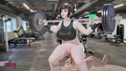 1boy 1girls 3d animated bottomless brown_hair chubby girl_on_top gym gym_uniform hair_ornament huge_breasts large_ass large_penis longer_than_30_seconds mei_(overwatch) overwatch penis sound sports_bra squatting tagme video vrwd weights workout_sex