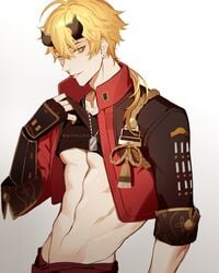 abs blonde_hair eriimyon genshin_impact horny looking_at_viewer male_only tagme thoma_(genshin_impact)