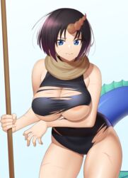 1girls 2021 areola_slip areolae arm_under_breasts armpit_crease blue_eyes blush breasts dragon_girl dragon_horns dragon_tail elma_(dragon_maid) embarrassed female female_focus female_only highleg_leotard holding_object horn huge_breasts large_areolae leotard long_tail looking_at_viewer miss_kobayashi's_dragon_maid purple_hair scarf short_hair simple_background staff sung_park tail thick_tail thick_thighs thighs tight_clothing torn_clothes