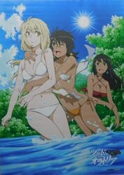 3girls aiz_wallenstein bare_shoulders black_hair breasts dark-skinned_female dark_skin dungeon_ni_deai_wo_motomeru_no_wa_machigatteiru_darou_ka female_only green_eyes large_breasts small_breasts swimsuit tiona_hiryute tione_hiryute water yellow_eyes yellow_hair