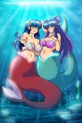 2girls blue_eyes blue_hair cologne cologne_(young) fish_tail hairband large_breasts linkerlewds long_hair mermaid mermaid_tail mermaid_transformation purple_hair ranma_1/2 seashell_bra shampoo_(ranma_1/2) underwater