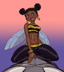 1boy1girl 1girls abs breasts bumblebee_(dc) cyborg_(dc) dark-skinned_female dark-skinned_male dark_skin dc dc_comics erect_nipples female looking_at_viewer male male_pov melanin nipples partially_clothed pears_(artist) point_of_view pov teen_titans tongue tongue_out