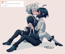 /// 2boys ahoge blue_hair blush closed_eyes clothed clothed_male cuddling danganronpa danganronpa_v3 english_text human human_on_robot humanoid humanoid_robot k1-b0 keebo kiibo light-skinned_male light_skin maid maid_uniform male male_on_male male_only male_with_male mishmasz navy_blue_hair request robot robot_boy saihara_shuuichi short_hair straight_hair sweat sweatdrop sweating text white_hair white_skin