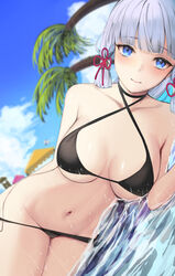 1girls belly_button bikini black_bikini blue_eyes blunt_bangs blush cleavage female female_only genshin_impact grey_hair groin hi_res kamisato_ayaka looking_at_viewer lying medium_breasts ponytail underboob wet yamiiv