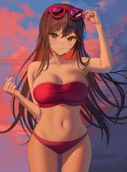 1girls bikini brown_eyes brown_hair female female_only long_hair looking_at_viewer navel outdoors outside smile solo standing sunglasses sunglasses_on_head swimsuit tokkihouse white_skin