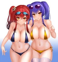 2021 2girls absurdres asamura_hiori aviator_sunglasses azur_lane bangs bare_shoulders bikini black_bikini blue_hair blush breasts cleavage collarbone eyewear_on_head fig_sign goggles goggles_on_head highres large_breasts long_hair looking_at_viewer multiple_girls official_alternate_costume pola_(azur_lane) pola_(seaside_coincidence)_(azur_lane) red_hair side_ponytail sidelocks skindentation smile sunglasses swimsuit thighs twintails white_background yellow_bikini yellow_eyes zara_(azur_lane) zara_(poolside_coincidence)_(azur_lane)