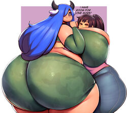 2girls ass ass_body big_ass big_breasts blue_hair breasts brown_hair cow_ears cow_girl cow_horns fat_ass female female_only giant_ass huge_ass huge_breasts huge_butt hugging hyper hyper_ass hyper_breasts jaykuma jeans massive_ass massive_breasts thick_thighs tight_clothing tight_jeans yuri