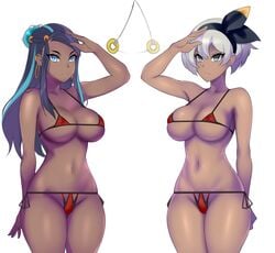 2girls alternate_breast_size bea_(pokemon) bikini brainwashing breasts coin coin_on_string commandcode dark-skinned_female expressionless female gym_leader hevn hypnosis large_ass large_breasts micro_bikini multiple_girls nessa_(pokemon) nintendo pokemon pokemon_ss