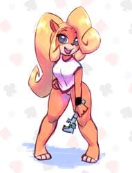 1girls anthro barefoot bottomless breasts coco_bandicoot crash_(series) eyebrows eyelashes eyeshadow feet female fur furry green_eyes hips legs lipstick makeup monkey_wrench nitro open_mouth orange_fur pussy shirt smile solo solo_female solo_focus thighs vagina wide_hips wrench