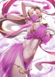 1girls belly_chain belly_dancer belly_dancer_outfit blonde_hair dancer dancer_outfit face_veil gainoob harem_girl harem_outfit huge_breasts long_hair original original_character purple_eyes