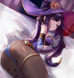 1girls ass bed bedsheets blue_eyes clothed clothing female genshin_impact hat leonmandala long_hair looking_at_viewer mona_(genshin_impact) on_bed purple_hair sideboob solo twintails