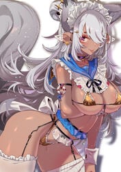 1girls animal_ears areolae arm_under_breasts ass bare_arms bare_ass bare_breasts bare_midriff bare_shoulders bare_thighs barely_visible_genitalia barely_visible_pussy belly_button breasts choker cleavage dark-skinned_female dark_elf dark_skin ear_covers elf elf_female female female_focus female_only fluffy fluffy_ears fluffy_tail fox fox_ears fox_girl fox_tail foxgirl garter garter_belt garter_straps gold gold_bikini golden_bikini gyaru hair_bun hair_ornament hair_over_one_eye inner_sideboob large_breasts leaning_forward lifesaver long_hair looking_at_viewer looking_to_the_side maid maid_headdress navel navel_line nipple_bulge nipples nipples_visible_through_clothing open_clothes particles_(artist) particles_(effect) pointed_ears pointy_ears red_eyes ribbon ruffles sailor_collar seashell short_skirt side_view sideboob simple_background skimpy skimpy_bikini sleeveless sole_female solo solo_female solo_focus tagme tail thick_thighs thighhighs thighs tongue tongue_out underboob very_short_skirt white_hair wrist_cuffs