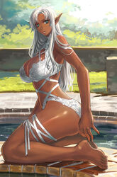 armpits ass bare_arms bare_legs bare_midriff bare_shoulders bare_thighs barefoot brick cleavage dark-skinned_female dark_elf dark_skin elf elf_female female female_focus female_only green_eyes large_breasts lingerie long_hair looking_to_the_side navel outdoors outside pointed_ears pointy_ears rannou sole_female solo solo_female solo_focus underwear white_hair white_lingerie