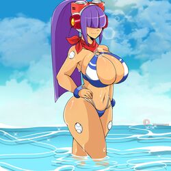 1girls alternate_breast_size beach bikini bluueygooey breasts busty capcom cleavage curvy female hair_over_eyes layer mega_man mega_man_x swimsuit swimsuit_layer_(x_dive) water wet wet_body