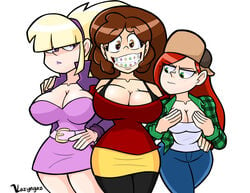 3girls aged_up alternate_breast_size annoyed bangs bare_shoulders big_hair blonde_hair braces breast_envy brown_eyes brown_hair cleavage disney disney_channel disney_xd female female_only gravity_falls green_eyes grin hand_on_another's_hip hand_on_another's_shoulder jacket mabel_pines miniskirt multiple_girls off_shoulder pacifica_northwest red_hair short_dress smile smooth_skin thighhighs vazyngaz wendy_corduroy white_background