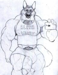 anthro big_muscles big_penis body_hair bulge canine german_shepherd huge_cock itzcharlie kosmonius male male_only muscular muscular_male nipples pecs penis phone pubic_hair shorts solo solo_male tank_top thick_penis