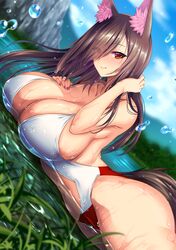 1girls animal_ears blush breasts brown_hair cleavage day female highres hijikawa_arashi huge_breasts kagerou_imaizumi long_hair looking_at_viewer lying on_stomach outdoors red_eyes smile solo swimsuit tail touhou wet wolf_ears wolf_tail