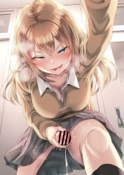 1futa ayanakitori big_breasts big_penis blonde_hair blue_eyes blush bottomless bottomless_skirt breasts censor_bar censored clothed clothing cock_pointing_towards_viewer cum cum_drip ejaculation erect_penis erection futa_only futa_sans_balls futadom futanari human light-skinned_futanari light_skin long_hair looking_at_viewer low-angle_view masturbating_to_viewer masturbation mostly_clothed orgasm penis penis_towards_viewer pov school_uniform skirt smile socks solo submissive_pov taker_pov thick_penis