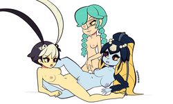 3girls annie_(skullgirls) biting_lip feng_(skullgirls) minette_(skullgirls) multiple_girls nipples nude_female pussy pussy_juice scissoring skullgirls small_breasts supermirukuu threesome tribadism white_background yuri