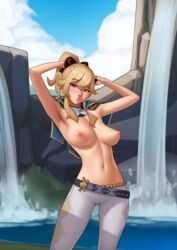 1girls blonde_hair blue_eyes blush blushing_at_viewer breasts clothed collared_cape deilan12 female_focus female_only genshin_impact hair_ribbon jean_gunnhildr nipples no_bra outdoors outside pants pattern_clothing ponytail solo solo_female solo_focus standing sweat sweatdrop topless waterfall