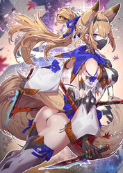 1girls animal_ears arched_back armpits ass back_view baggy_clothing bare_ass bare_shoulders bare_thighs barely_clothed blonde_hair blue_eyes breasts dagger detached_sleeves english_text female female_focus female_only fluffy fluffy_ears fluffy_tail gloves hair_ornament hair_ribbon headband holding_object holding_weapon intricate_background japanese_text large_breasts leaf leaning_forward leaves long_hair long_sleeves looking_at_viewer looking_back looking_to_the_side loose_clothes mask masked open_clothes particles_(artist) particles_(effect) ribbon ruffles short_skirt skimpy sleeves sole_female solo solo_female solo_focus sword tagme tail thighhighs very_short_skirt weapon