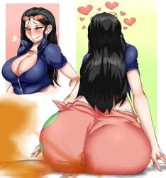 1girls black_hair blue_eyes blush cleavage colored eyewear_on_head fart fart_cloud fart_fetish farting female female_only heart large_ass large_breasts lazei looking_pleasured nico_robin one_piece shart sitting smile solo_female sunglasses_on_head