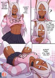 1girls abs animal_ears blush bunny_ears choker collar comic dark-skinned_female dark_skin dialogue english_text female female_focus female_only imminent_fellatio imminent_oral legs_spread miruko muscular muscular_female my_hero_academia no_bra nudiedoodles on_back patreon_username pleated_skirt red_eyes rumi_usagiyama skirt snap_my_choker text thighhighs underboob