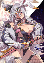 1girls animal_ears areolae ass baggy_clothing bare_breasts bare_legs bare_shoulders bare_thighs barely_clothed barely_visible_genitalia barely_visible_pussy belly_button breasts bunny_ears bunny_girl bunnysuit cleavage ear_ornament female female_focus female_only fingerless_gloves fishnets fluffy fluffy_ears garter_straps gloves gold gold_(metal) gold_jewelry grey_hair gyaru hair_ornament hair_ribbon headphones holding_object holding_weapon intricate_background large_breasts leotard long_hair long_sleeves looking_at_viewer looking_to_the_side loose_clothes navel navel_line open_clothes particles_(artist) particles_(effect) red_eyes ribbon skimpy sleeves sole_female solo solo_female solo_focus spikes sword tagme very_long_hair weapon white_hair