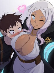 1boy 1boy1girl 1girls aeolus06 big_ass big_breasts black_hair blue_eyes blush breast_press breast_squish breasts cleavage dark-skinned_female dress enen_no_shouboutai face_on_breast fire_force hourglass_figure kusakabe_shinra light-skinned_male looking_at_viewer partially_clothed pink_eyes pink_hair plus_shaped_iris princess_hibana red_eyes selfie shinra_kusakabe squished_breasts thick_thighs wink