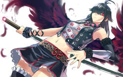 bare_midriff bare_shoulders belly_button black_hair breasts choker detached_sleeves edgy eyebrows_visible_through_hair feathers female female_focus female_only hair_over_one_eye long_hair looking_at_viewer navel navel_line one_eye_covered red_eyes skirt sleeves sole_female solo solo_female solo_focus sword tagme thigh_highs white_background white_panties wings