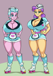 2girls apron art-2u big_breasts bimbo breasts cleavage commission curvy equestria_girls female females_only friendship_is_magic hands_on_hips hasbro hi_res highres hourglass_figure huge_breasts large_breasts looking_at_viewer my_little_pony posing roller_skates smiling smiling_at_viewer sunny_sugarsocks_(eg) thick_thighs thighs tip_top_(eg) waitress waitress_uniform wide_hips