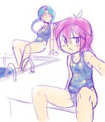 2girls annie_(skullgirls) bichosan one-piece_swimsuit pool sketch skullgirls small_breasts umbrella_(skullgirls)