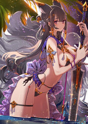 1girls animal_ears ass bare_arms bare_ass bare_breasts bare_legs bare_midriff bare_shoulders bare_thighs barely_clothed barely_visible_nipples belly_button breasts cleavage ear_ornament female female_focus female_only flowing_hair fluffy_ears garter_belt garter_straps gold gold_(metal) gold_jewelry grey_hair gyaru hair_bun hair_ornament intricate_background large_breasts leaning_forward lingerie long_hair looking_at_viewer looking_to_the_side loose_clothes navel navel_line nipple_bulge open_clothes particles_(artist) particles_(effect) red_eyes ribbon ring ruffles side_view sideboob skimpy_bikini sole_female solo solo_female solo_focus sword tail underwear very_long_hair water weapon wet