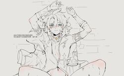 1boy albedo_(genshin_impact) bandaid blue_eyes blush eyes_half_open genshin_impact half-dressed hickies legs_apart legs_open long_hair male_only sketch yaoi