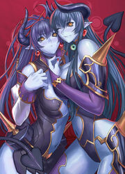 2demons 2girls asmodeus_(shinrabanshou) astaroth_(shinrabanshou) bare_shoulders bare_thighs belly_button black_sclera blue_body blue_eyes blue_skin breasts cleavage collar devil_horns devil_tail earrings female female_focus female_only fingernails hands_on_breasts horns large_breasts long_hair looking_at_viewer navel navel_line nipple_bulge nipples pointed_ears pointy_ears rannou shinrabanshou sleeves sole_female solo solo_female solo_focus spikes succubus tail thick_thighs thighs white_background yellow_eyes