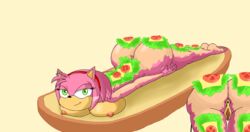 1girls amy_rose ass background bread bubble_ass bubble_butt buns butt butter cheese cookingart1986 female female_only hedgehog inkbunny laying_down lettuce lying_down naked nude nude_female pink_fur pink_hair sega sonic_(series) sonic_team sonic_the_hedgehog_(series) tomato yellow_background