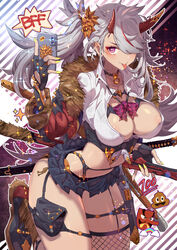 1girls areolae ass bare_midriff bare_thighs barely_clothed barely_contained barely_visible_nipples belly_button bottomwear breasts cleavage dark-skinned_female dark_skin devil_horns ear_piercing earrings emoji eyeshadow female female_focus female_only fingerless_gloves fingernails fishnets garter garter_belt garter_straps gloves gyaru hair_ornament horns large_breasts lingerie long_fingernails long_ponytail long_sleeves looking_at_viewer loose_clothes meme navel navel_line nipple_bulge nipples nipples_visible_through_clothing one_eye_covered oni oni_horns open_clothes open_shirt particles_(artist) phone ponytail ribbon school_uniform schoolgirl shoes short_skirt sleeves sole_female solo solo_female solo_focus spikes sticker sword tagme tail tongue tongue_out topwear very_short_skirt weapon white_hair