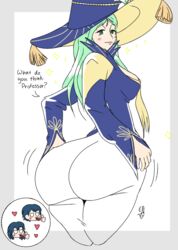 1boy 2girls alternate_costume ass back_view breasts byleth_(fire_emblem) byleth_(fire_emblem)_(female) byleth_(fire_emblem)_(male) easybee english_text female_focus fire_emblem fire_emblem:_three_houses fire_emblem_heroes green_eyes green_hair halloween huge_ass large_breasts long_hair long_sleeves looking_at_viewer looking_back magic motion_lines nintendo official_alternate_costume rhea_(fire_emblem) smile solo_focus text thumbs_up white_background witch witch_hat