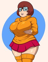 auburn_hair big_breasts breast_grab breast_support breasts denzeltip female female_only freckles glasses hanna-barbera huge_breasts knee_socks large_breasts light-skinned_female light_skin scooby-doo short_hair skirt sweater thick_thighs thunder_thighs top_heavy turtleneck_sweater velma_dinkley wide_hips