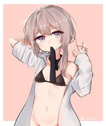 bottomless bra female girls'_frontline gray_hair half-dressed m200_(girls_frontline) purple_eyes shirt_open