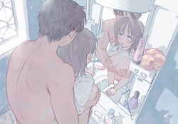 1boy 1girls absurdres bathroom blush breast_grab breasts brother_and_sister brown_hair brushing_teeth cleavage closed_eyes clothing commentary_request female from_behind grabbing grabbing_from_behind height_difference highres huge_filesize incest large_breasts light_rays long_hair male mirror mohato_official nipples open_mouth original reflection shirt shirt_lift shirtless siblings sink straight toothbrush toothbrush_in_mouth washing_hands white_shirt