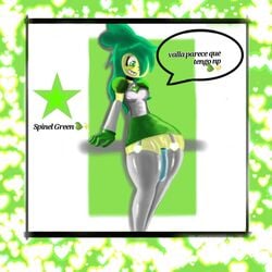 1futa big_penis bottom_heavy clothed clothing condom futa_only futanari green_hair green_skin greenarts humanoid mostly_clothed penis skindentation solo spinel_(steven_universe) spinel_green standing steven_universe text thick_thighs thighhighs white_shirt wide_hips