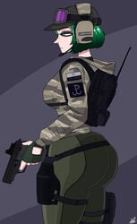 1girls 2d artist_name ass ass ass_focus backpack baseball_cap big_ass big_breasts breasts bubble_ass bubble_butt clothed color dat_ass ela_(rainbow_six) english_text female female_only freckles fully_clothed gloves green_hair gun hat headwear hellonearthiii holding_weapon inviting light-skinned_female light_skin looking_away military pistol poland polish_flag questionable_consent rainbow_six rainbow_six_siege seductive serious simple_background sketch solo solo_female solo_focus tagme text tight_clothing tom_clancy