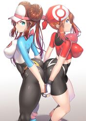 2girls adapted_costume alternate_breast_size back_to_back bandana big_breasts big_butt bike_shorts blue_eyes breasts bubble_butt butt butt_to_butt erect_nipples female_only gloves grey_background hat holding_hands human human_only impossible_clothes large_breasts latex long_hair looking_at_viewer may_(pokemon) may_(pokemon_rs) nagase_haruhito nintendo pokemon pokemon_bw2 pokemon_rse ribbon rosa_(pokemon) shadow shirt shoes short_hair sideboob skimpy skin_tight socks_over_pantyhose source_request spandex standing thighs tied_hair tight_clothing twintails wide_hips