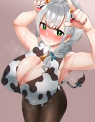 1girls 2021 alternate_costume animal_ears animal_print armpits arms_up asymmetrical_hair bell black_legwear blue_ribbon blush braid braided_ponytail breasts cleavage cleavage_cutout closed_mouth clothing_cutout covered_nipples cow_ears cow_horns cow_print cow_tail cowboy_shot eyebrows_visible_through_hair female female_focus female_only frikulu green_eyes hair_ribbon heart heart-shaped_pupils highres hololive hololive_fantasy hololive_japan horns horns_pose large_breasts looking_at_viewer medium_hair neck_bell pantyhose pointy_breasts print_leotard purple_background ribbon shirogane_noel silver_hair simple_background solo solo_female solo_focus steaming_body sweat symbol-shaped_pupils tail tareme tress_ribbon virtual_youtuber