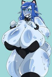 1girls azura_(bluueygooey) blush bluueygooey bunnysuit busty cat_ears collar curvy female hyper large_breasts original original_character slime slime_girl thick_thighs wet