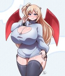 1girls bangs big_breasts bimbo blonde_hair blue_sweater blush boob_window breasts cleavage cleavage_cutout cute demon_girl demon_tail demon_wings eyebrows_visible_through_hair hime_hajime huge_breasts long_hair long_sleeves mrsakai one_side_up pendant ryousakai seductive seductive_eyes seductive_look seductive_smile signature smile solo solo_female succubus sweater thick thick_thighs thighhighs thighs turtleneck turtleneck_sweater virtual_youtuber voluptuous vshojo wings